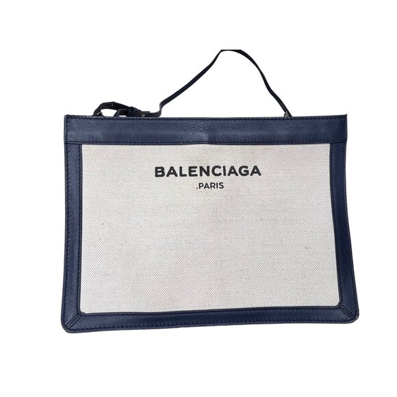 Balenciaga Paris‎ Blue & White Canvas Leather Clutch stylish minimalist handbag - Picture 1 of 16
